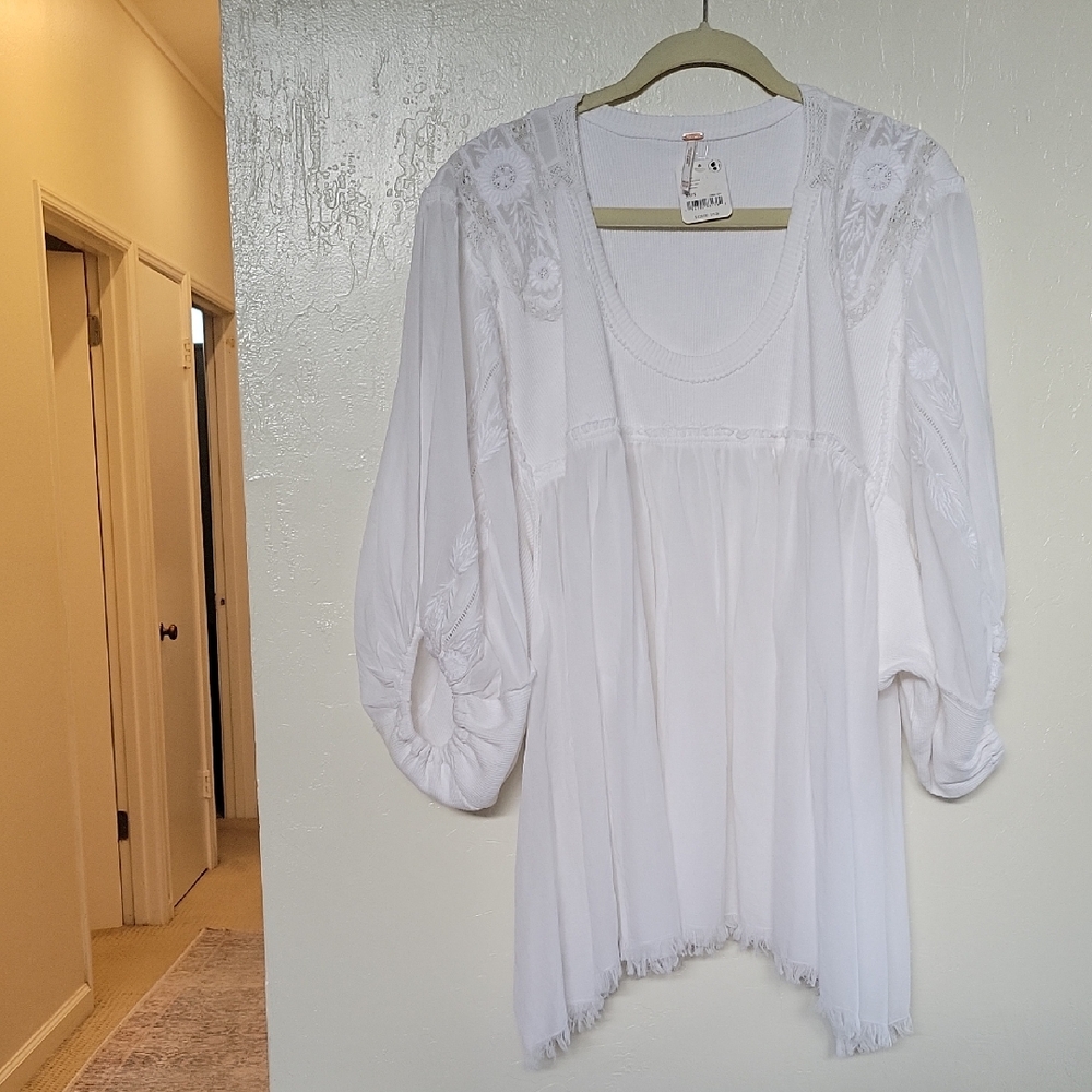Free People White Embroidered Blouse